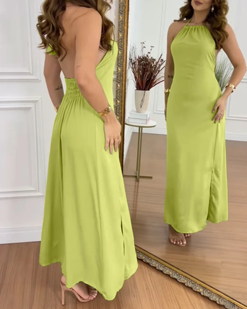 Summer Halter Sleeveless Backless Maxi Dress Casual Shirred Slit Vacation Dress